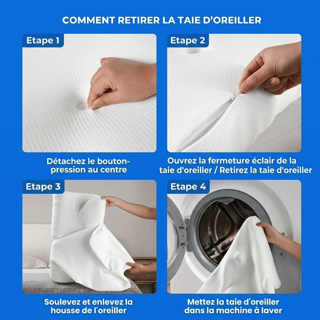 Guide pratique en 4 &eacute;tapes pour l'entretien de l'oreiller Ortho Dodo sur fond bleu : 1. D&eacute;tacher le bouton-pression central, 2. Ouvrir la fermeture &eacute;clair, 3. Retirer la housse blanche textur&eacute;e, 4. Mettre la taie d'oreiller dans la machine &agrave; laver