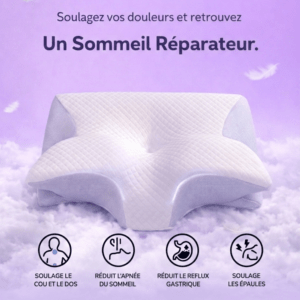 Infographie de l'oreiller OrthoDodo sur un lit de nuages violets avec le titre 'Un Sommeil Réparateur'. Quatre icônes illustrent les bénéfices : soulage le cou et le dos, réduit l'apnée du sommeil, réduit le reflux gastrique et soulage les épaules.