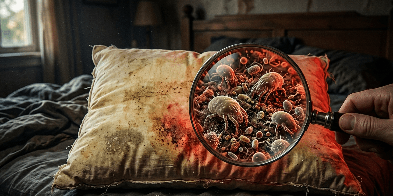 Image d'hygiène de l'oreiller: un vieil oreiller contaminé examiné à la loupe pour révéler la présence invisible d'acariens, de poussière et de micro-organismes. Scène de lit sombre avec un éclairage d'alarme rouge