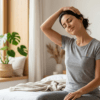 Femme au réveil effectuant un étirement doux du cou pour soulager ses douleurs cervicales en 5 minutes. Scène de lit lumineuse et saine, routine de bien-être du matin