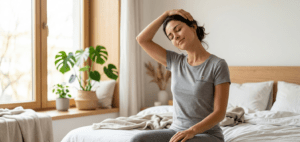 Femme au réveil effectuant un étirement doux du cou pour soulager ses douleurs cervicales en 5 minutes. Scène de lit lumineuse et saine, routine de bien-être du matin