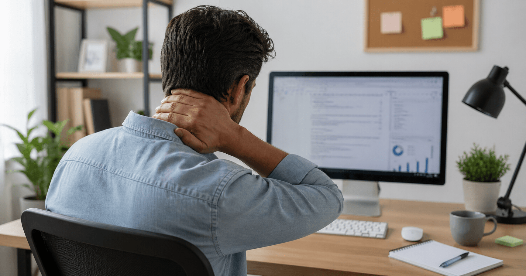 douleur-au-cou-dans-le-bureau-a-domicile Personne en télétravail souffrant de douleurs cervicales devant son ordinateur