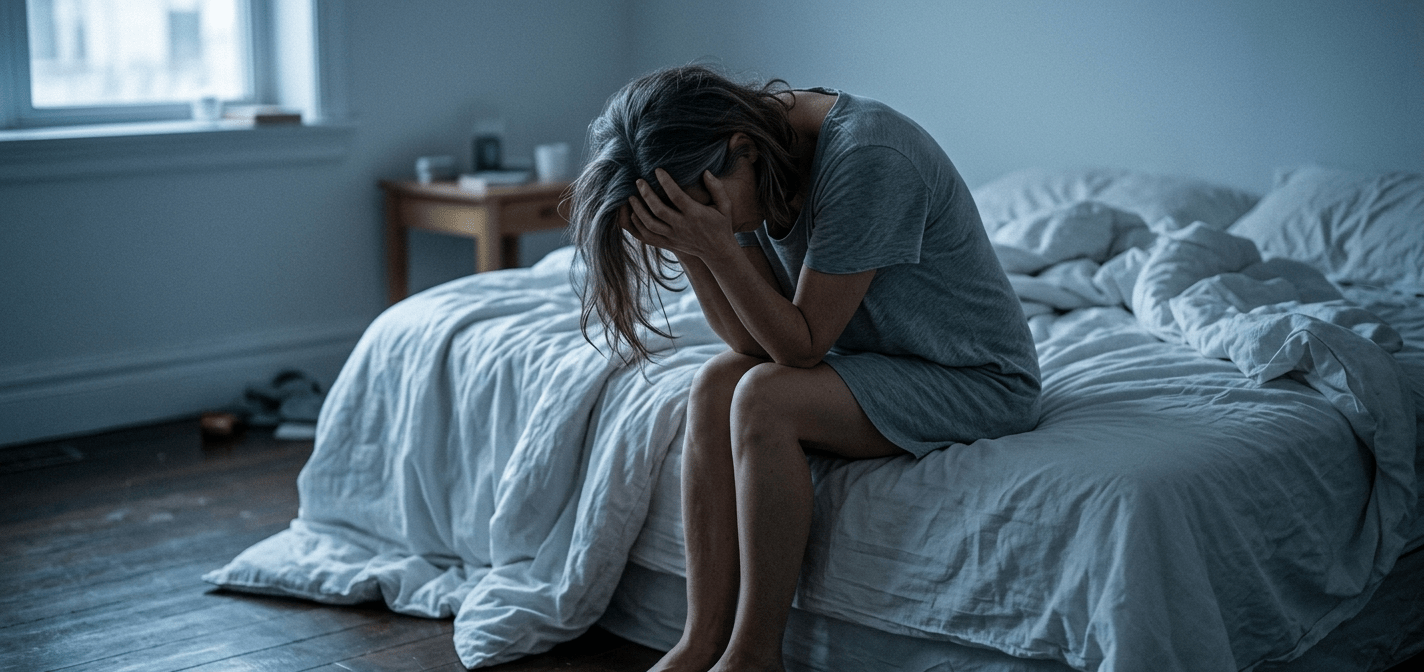 Femme souffrant de fibromyalgie, assise au bord d'un lit blanc le matin, dos courb&eacute; et mains sur le visage, exprimant de l'&eacute;puisement total dans une ambiance froide et bleut&eacute;e.