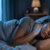 Femme souffrant de fibromyalgie éveillée dans son lit durant la nuit, exprimant de l'épuisement et de la douleur cervicale dans une ambiance bleu nuit.