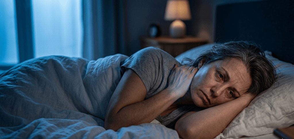 Femme souffrant de fibromyalgie &eacute;veill&eacute;e dans son lit durant la nuit, exprimant de l'&eacute;puisement et de la douleur cervicale dans une ambiance bleu nuit.