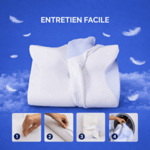 entretien de l'oreiller Ortho Dodo sur fond bleu décoré de plumes: 1. Détacher le bouton-pression central, 2. Ouvrir la fermeture éclair, 3. Retirer la housse blanche texturée, 4. Mettre la taie d'oreiller dans la machine à laver
