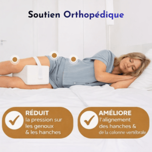 Femme d’âge moyen dormant sur le côté avec un oreiller orthopédique entre les genoux pour réduire la pression et améliorer l’alignement de la colonne vertébrale