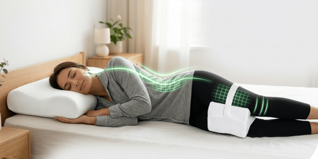 D&eacute;monstration de la meilleure position pour dormir avec une sciatique : femme sur le c&ocirc;t&eacute; avec oreiller ergonomique cervical OrthoDodo et oreiller de genoux pour aligner le bassin et d&eacute;compresser le nerf sciatique. Indicateurs techniques verts montrant l'alignement de la colonne vert&eacute;brale.