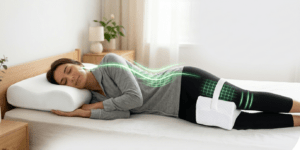 Démonstration de la meilleure position pour dormir avec une sciatique : femme sur le côté avec oreiller ergonomique cervical OrthoDodo et oreiller de genoux pour aligner le bassin et décompresser le nerf sciatique. Indicateurs techniques verts montrant l'alignement de la colonne vertébrale.