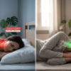 Comparaison visuelle entre un oreiller discount affaissé et usé (à gauche) causant un mauvais alignement cervical, et un oreiller ergonomique Ortho Dodo (à droite) offrant un soutien cervical parfait et un alignement vertébral optimal. Scène de lit confortable