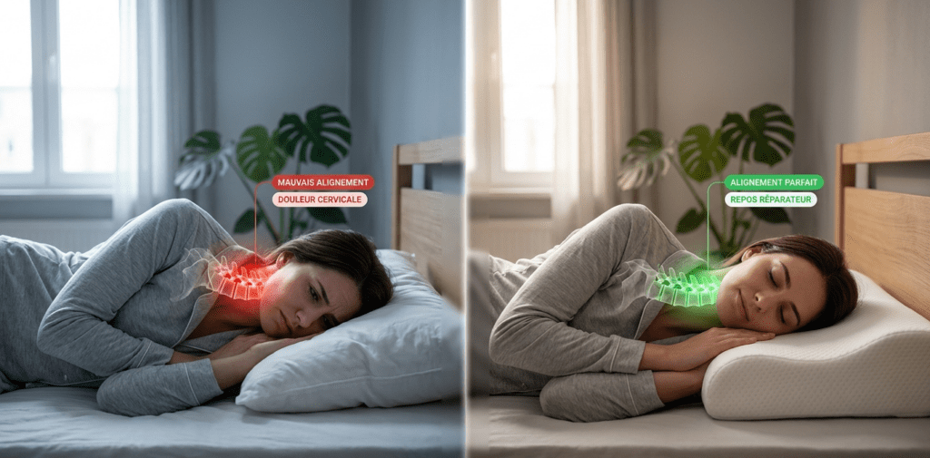 Comparaison visuelle entre un oreiller discount affaiss&eacute; et us&eacute; (&agrave; gauche) causant un mauvais alignement cervical, et un oreiller ergonomique Ortho Dodo (&agrave; droite) offrant un soutien cervical parfait et un alignement vert&eacute;bral optimal. Sc&egrave;ne de lit confortable